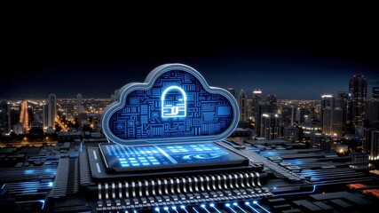 Cloud cybersecurity padlock over circuit board chip encrypting network board encryption protecting data center city skyline secure cloud computing - Powered by Adobe