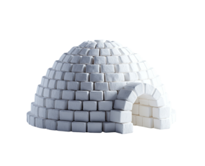 A small, white igloo, constructed from many square blocks, is centrally positioned against a black background