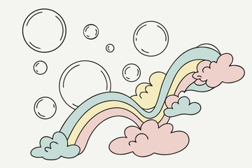Vector art of pastel rainbow with clouds and bubbles, vector