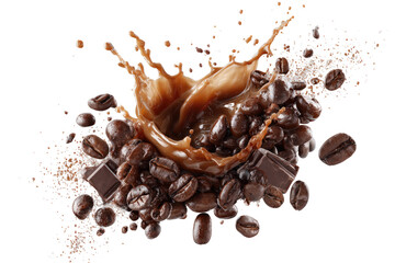Coffee and chocolate splash.  Dark brown coffee beans and chocolate chunks, scattered with a large, dynamic splash of coffee liquid.  Particles of coffee and chocolate powder surround the mix