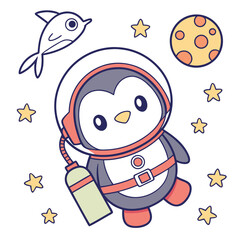 Cute cartoon astronaut penguin floating in space with stars and moon animal