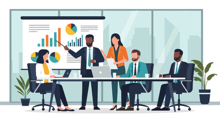 Flat style illustration of a business team in a meeting discussing charts and data in a modern office, symbolizing strategy, analytics, teamwork, and corporate growth