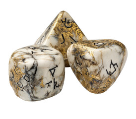 Three dice, off-white with gold flecks and dark markings, various shapes and numbers