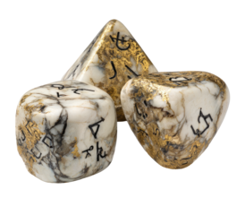 Three dice, off-white with gold flecks and dark markings, various shapes and numbers