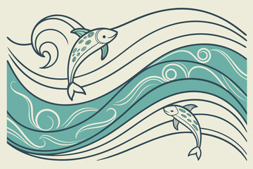 Vector art of two dolphins in waves