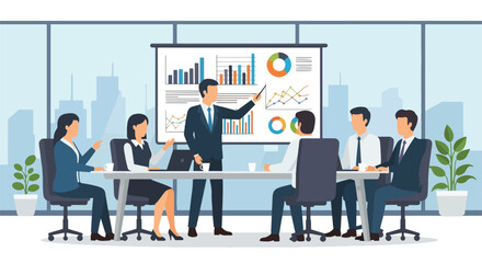 Flat style illustration of a business team in a meeting discussing charts and data in a modern office, symbolizing strategy, analytics, teamwork, and corporate growth