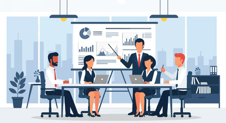 Flat style illustration of a business team in a meeting discussing charts and data in a modern office, symbolizing strategy, analytics, teamwork, and corporate growth