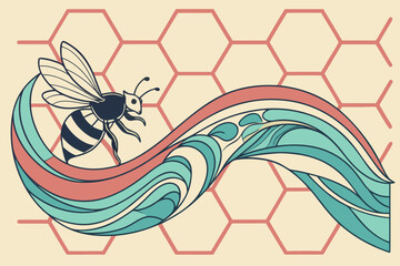 Vector art of honey bee flying over a wave with a honeycomb background illustration