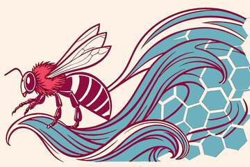 Vector art of honey bee flying over a wave with a honeycomb background illustration