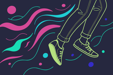 Vector art of legs in sneakers walking with abstract lines and circles illustration