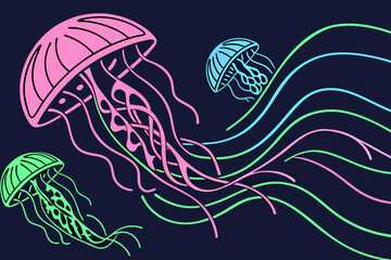 Vector art of three colorful jellyfish swimming in the deep blue ocean water world