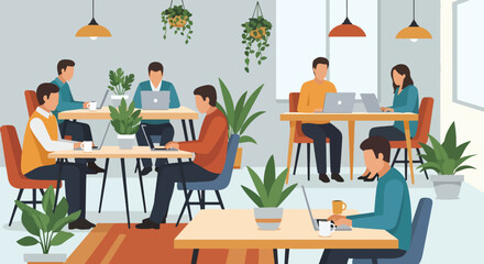 Flat style illustration of people working in a modern coworking office with laptops, plants, and relaxed seating, representing teamwork, productivity, and contemporary workplace culture