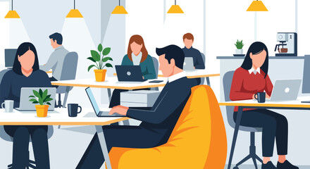 Flat style illustration of people working in a modern coworking office with laptops, plants, and relaxed seating, representing teamwork, productivity, and contemporary workplace culture