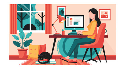 Flat style illustration of a woman working remotely at home with a computer and a sleeping cat, symbolizing freelance work, productivity, comfort, and modern work-life balance