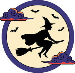 Witch Flying on Broomstick in Front of Full Moon Vector, Halloween Silhouette with Bats and Clouds