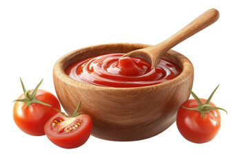 Wooden bowl of tomato sauce with spoon and fresh tomatoes