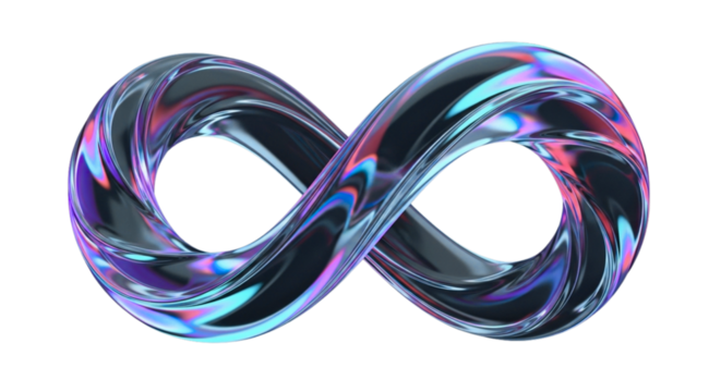 3D Holographic Infinity Loop — Abstract Transparent Glass Fluid Symbol with Violet Cyan Gradient Glow in Futuristic Minimal Design