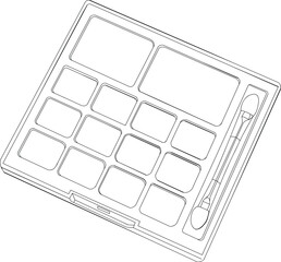 Minimalist Makeup Palette Drawing with Multiple Compartments and Brush