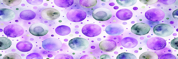 colorful seamless repeat pattern featuring various-sized polka dots and circles in shades of purple, violet, and subtle green, rendered in a soft watercolor style. Conveys playfulness, creativity