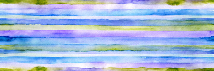 Seamless, repeat pattern featuring hand-painted horizontal stripes in various shades of blue, purple, and subtle green, created with a watercolor effect. Conveys simplicity, handmade quality, textile,