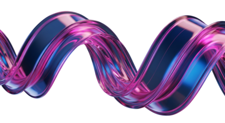 3D Holographic Ribbon Twirl — Abstract Transparent Fluid Glass Flow Render with Blue and Pink Gradient Glow in Futuristic Design
