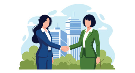 Flat style illustration of two businesswomen shaking hands outside an office building, representing partnership, agreement, teamwork, and successful corporate collaboration