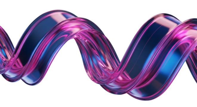 3D Holographic Ribbon Twirl — Abstract Transparent Fluid Glass Flow Render with Blue and Pink Gradient Glow in Futuristic Design
