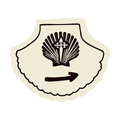 Camino pilgrims way shell signpost symbol icon of scallop sign. St James cross route religious motif sign for walkers seeking sanctuary on European Santiago de Compostela sacred holy pilgrimage road.