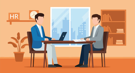 Flat style illustration of a job interview in a modern office, showing an HR manager and candidate discussing employment opportunities, recruitment, and professional career growth