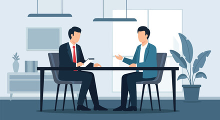 Flat style illustration of a job interview in a modern office, showing an HR manager and candidate discussing employment opportunities, recruitment, and professional career growth