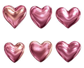 Six glossy, rose gold hearts, varying shades