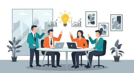 Flat style illustration of a business team brainstorming new ideas in a modern office, symbolizing creativity, innovation, teamwork, and strategic planning for company growth and success