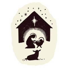 Hand drawn christian christmas nativity characters. Mary,the baby Jesus christ child born in crib in manger barn with sheep. Isolated vector icon for season greeting card.