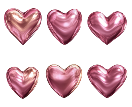 Six glossy, rose gold hearts, varying shades
