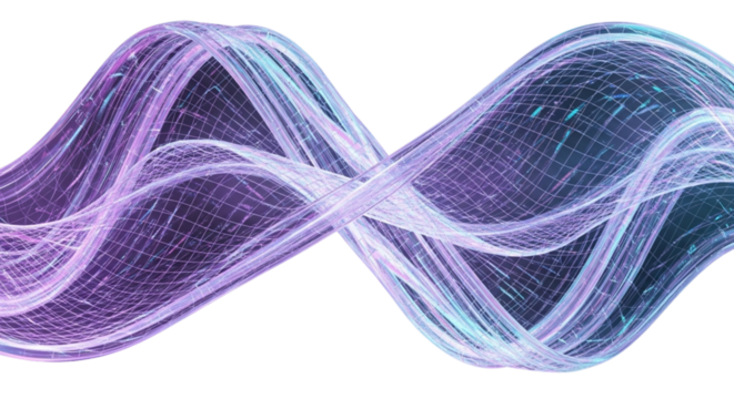 3D Digital Holographic Mesh Wave — Abstract Transparent Glass Flow with Purple Cyan Gradient Glow in Futuristic Tech-Inspired Design