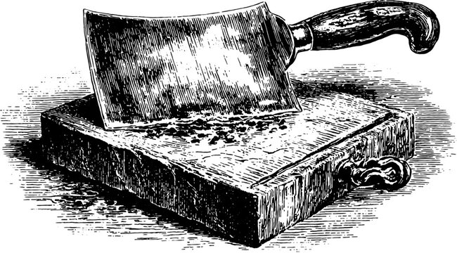 cleaver on cutting board, black and white clip art preview