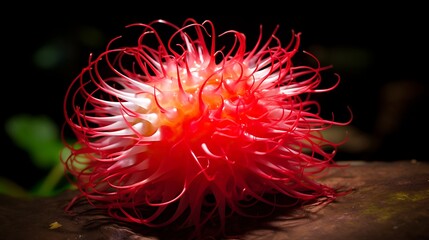 Close up of a vibrant rambutan fruit with red and white hairs on a dark surface outdoors setting