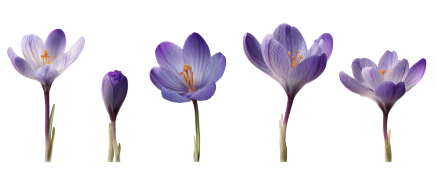 Lavender crocus blossoms in various stages of bloom against a black background