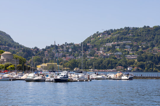 yachts at the marina of a mountain lake in Europe. Marina on Lake Como