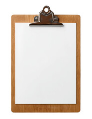 Wooden clipboard with blank white paper.  A light-brown wooden clipboard holds a blank sheet of white paper.  A metal clip secures the paper