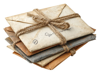 A stack of aged, tied letters.  Stacked vintage envelopes,  creased and worn, bound with twine