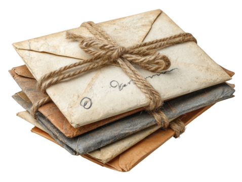 A stack of aged, tied letters.  Stacked vintage envelopes,  creased and worn, bound with twine