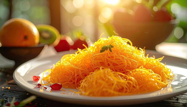 Golden Cham Cham Milk Sweets Macro Shot With Soft Golden Hour Lighting And Fresh Fruit In Background