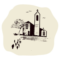 Set of pilgrim group walking on path to church on trail. Country landscape with camino signpost, pilgrims way shell, man and women for Canterbury or Camino religious pilgrimage walk. Faith based icon