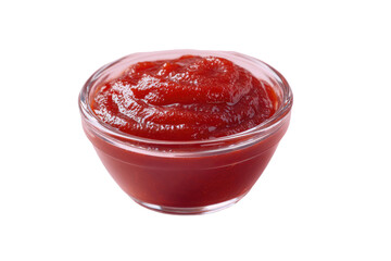 Clear glass bowl filled with a thick, vibrant red ketchup