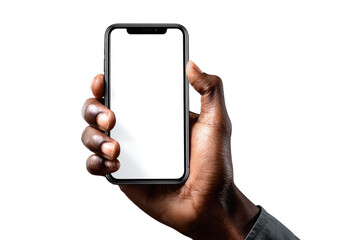 Close-up of a dark-skinned hand holding a smartphone with a blank screen against a black background.  The phone is positioned horizontally, displaying a white screen. 