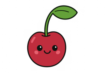 Cute happy cherry fruit cartoon illustration, smiling red berry character on transparent background