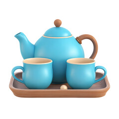 Cartoon Blue Teapot and Cups on Tray with Tea Party Icon.