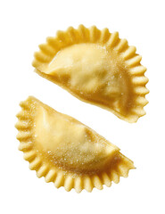 Two halves of golden,  crispy pasta pockets,  showing a light,  slightly  ridged exterior