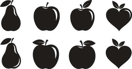 Simple black fruit icons pear and apple with heart healthy concept